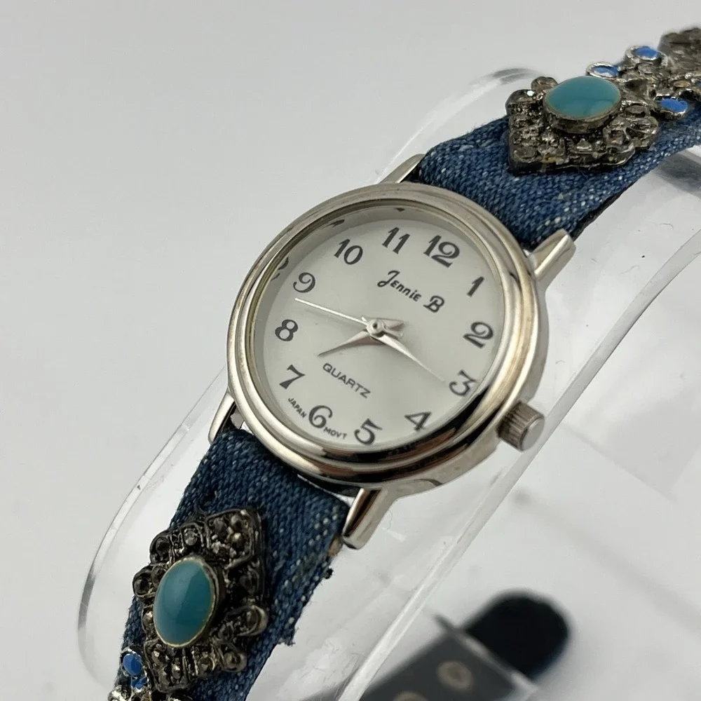 Jennie‎ B Watch Women 24mm Case Denim Leather Silver Tuquoise Band- New Battery